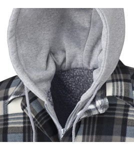 Men’s quilted polar fleece hooded in blue and gray plaid, often called a hunting shirt or lumberjack shirt, sold individually