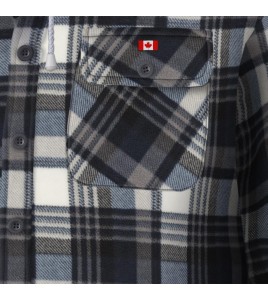 Men’s quilted polar fleece hooded in blue and gray plaid, often called a hunting shirt or lumberjack shirt, sold individually