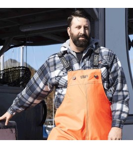 Men’s quilted polar fleece hooded in blue and gray plaid, often called a hunting shirt or lumberjack shirt, sold individually