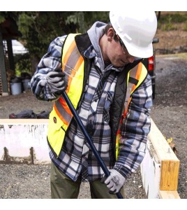 Men’s quilted polar fleece hooded in blue and gray plaid, often called a hunting shirt or lumberjack shirt, sold individually