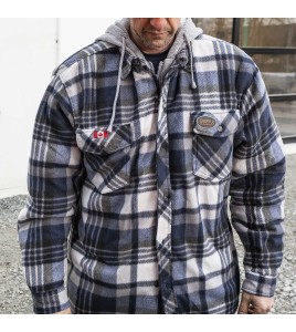 Men’s quilted polar fleece hooded in blue and gray plaid, often called a hunting shirt or lumberjack shirt, sold individually