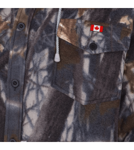 Men’s quilted polar fleece hooded in camouflage, often called a hunting shirt or lumberjack shirt, sold individually