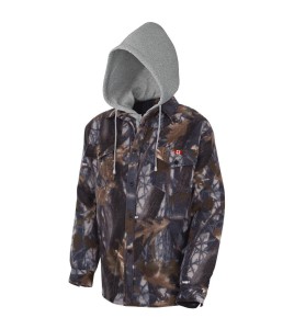 Men’s quilted polar fleece hooded in camouflage, often called a hunting shirt or lumberjack shirt, sold individually