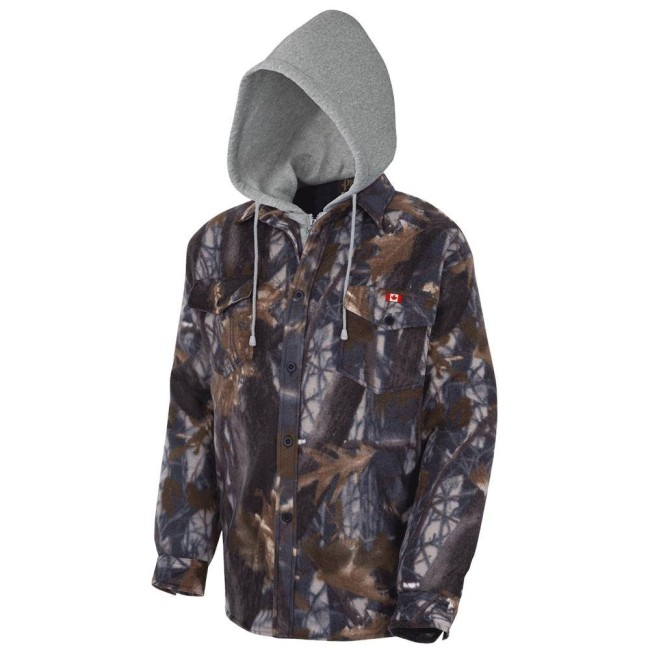 Men’s quilted polar fleece hooded in camouflage, often called a hunting shirt or lumberjack shirt, sold individually