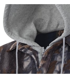 Men’s quilted polar fleece hooded in camouflage, often called a hunting shirt or lumberjack shirt, sold individually