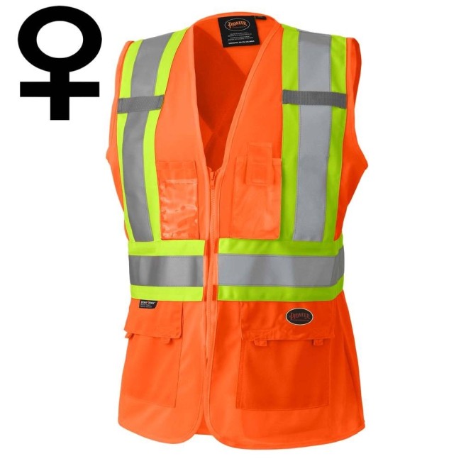 Pioneer orange high-visibility safety vest, class 2, level 2, detachable, 5 pockets, sold individually