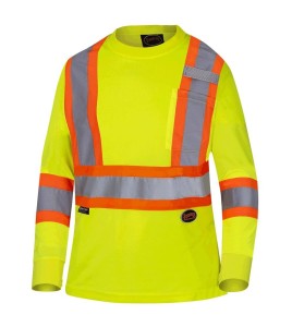 High visibility long-sleeved shirt, neon yellow with grey reflective stripes