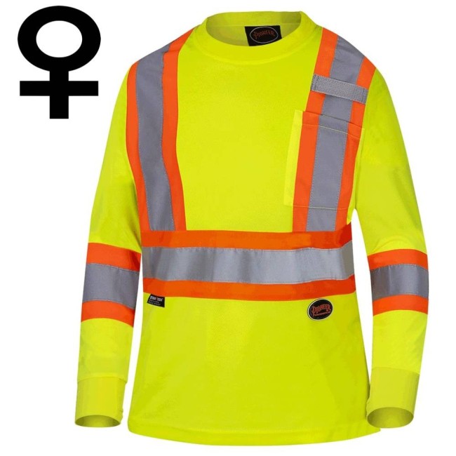 High visibility long-sleeved shirt, neon yellow with grey reflective stripes