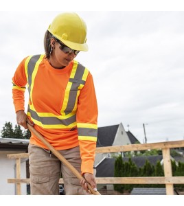 High visibility Pioner long-sleeved shirt, orange hi-vis with grey reflective stripes