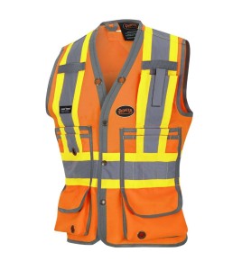 Pioneer women's high-visibility orange 6692W surveyor's vest, 150 denier woven twill, 15 pockets