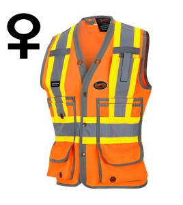 Veste d'arpenteur Pioneer pour femme orange haute visibilité modèle 6692W, 150 deniers tissé en sergé, 15 poches