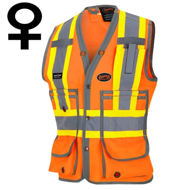 Veste d'arpenteur Pioneer pour femme orange haute visibilité modèle 6692W, 150 deniers tissé en sergé, 15 poches