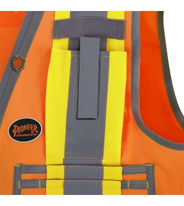 Pioneer women's high-visibility orange 6692W surveyor's vest, 150 denier woven twill, 15 pockets