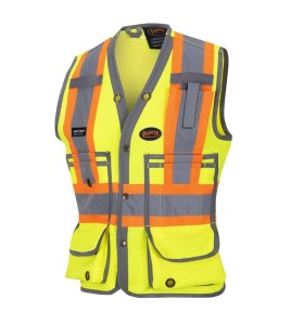 Pioneer women's high-visibility yellow 6693W surveyor's vest, 150 denier woven twill, 15 pockets