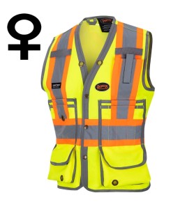 Veste d'arpenteur Pioneer pour femme jaune haute visibilité modèle 6693W, 150 deniers tissé en sergé, 15 poches