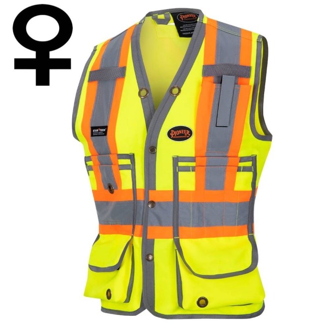 Pioneer women's high-visibility yellow 6693W surveyor's vest, 150 denier woven twill, 15 pockets