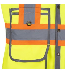 Pioneer women's high-visibility yellow 6693W surveyor's vest, 150 denier woven twill, 15 pockets