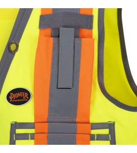 Pioneer women's high-visibility yellow 6693W surveyor's vest, 150 denier woven twill, 15 pockets