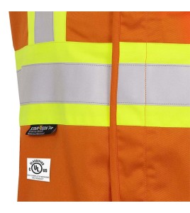 Pioneer 7728 orange flame-retardant Fr-tech arc-resistant safety vest, ARC 2 rated, with high-visibility stripes