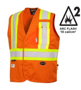 Pioneer 7728 orange flame-retardant Fr-tech arc-resistant safety vest, ARC 2 rated, with high-visibility stripes