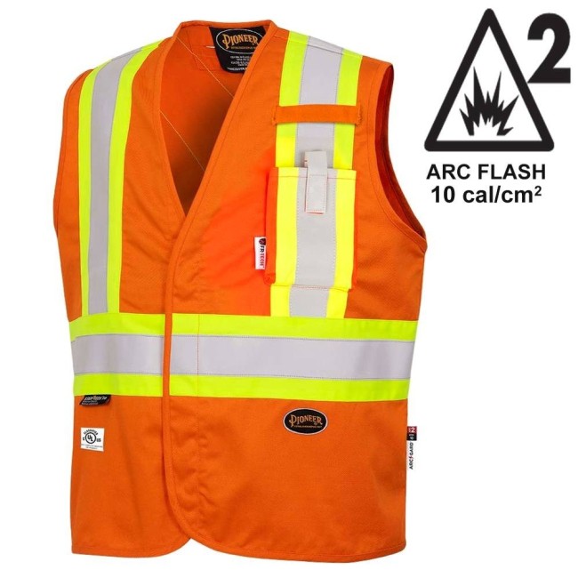 Pioneer 7728 orange flame-retardant Fr-tech arc-resistant safety vest, ARC 2 rated, with high-visibility stripes