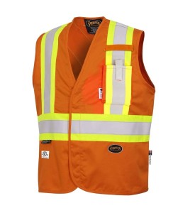 Pioneer 7728 orange flame-retardant Fr-tech arc-resistant safety vest, ARC 2 rated, with high-visibility stripes