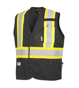 Pioneer 7729 black flame-retardant Fr-tech arc-resistant safety vest, ARC 2 rated, with high-visibility stripes