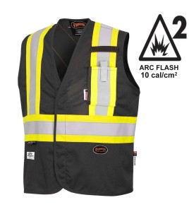 Pioneer 7729 black flame-retardant Fr-tech arc-resistant safety vest, ARC 2 rated, with high-visibility stripes