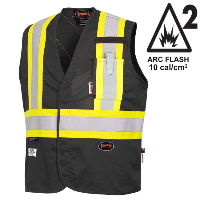 Pioneer 7729 black flame-retardant Fr-tech arc-resistant safety vest, ARC 2 rated, with high-visibility stripes