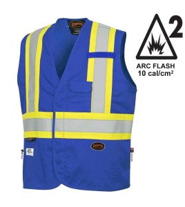 Pioneer 7730 blue flame-retardant Fr-tech arc-resistant safety vest, ARC 2 rated, with high-visibility stripes