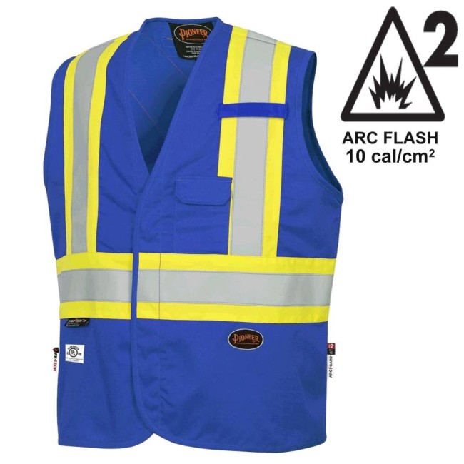 Veste de sécurité ignifugée bleue Pioneer 7730 anti-arcs électriques Fr-tech, classé ARC 2 avec bandes hautes visibilité