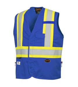 Pioneer 7730 blue flame-retardant Fr-tech arc-resistant safety vest, ARC 2 rated, with high-visibility stripes