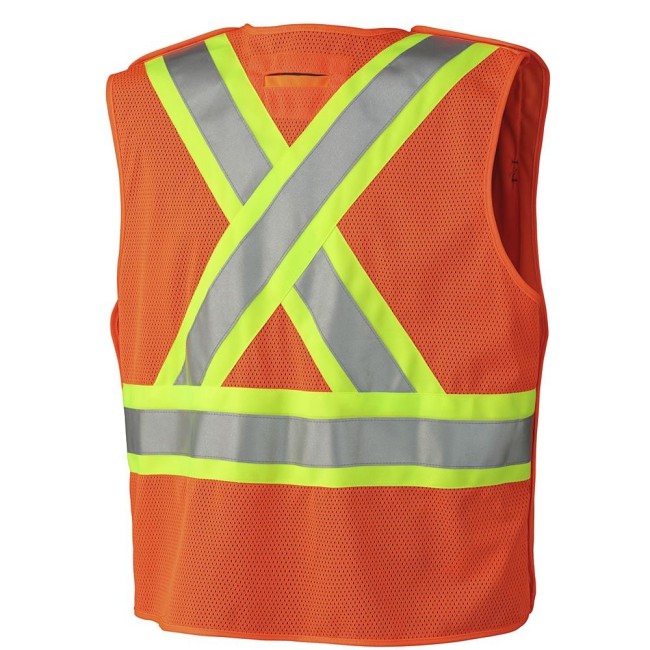 Pioneer® 6935 safety vest, high-visibility orange, detachable with mesh back, zipper, 4 pockets, sold individually