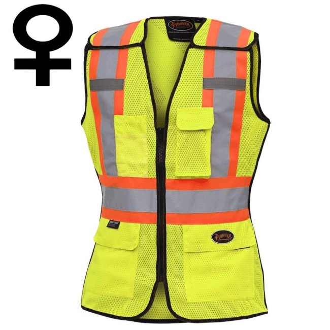 Pioneer 489 safety vest, yellow high-visibility, detachable mesh complement, zipper, 6 pockets, sold individually