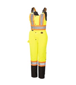 Women's 100% waterproof yellow-black polyester-polyurethane winter overalls with reflective stripes