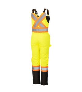 Women's 100% waterproof yellow-black polyester-polyurethane winter overalls with reflective stripes