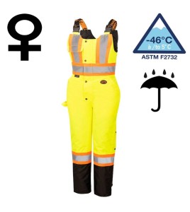 Women's 100% waterproof yellow-black polyester-polyurethane winter overalls with reflective stripes