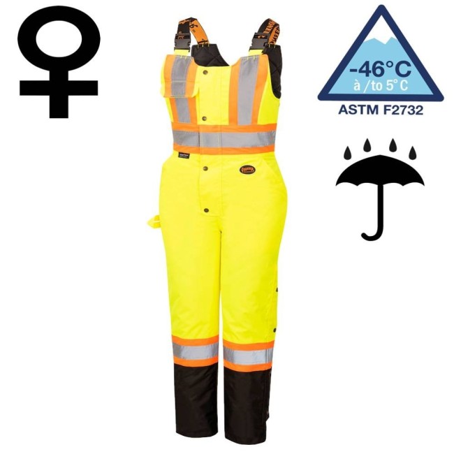 Women's 100% waterproof yellow-black polyester-polyurethane winter overalls with reflective stripes