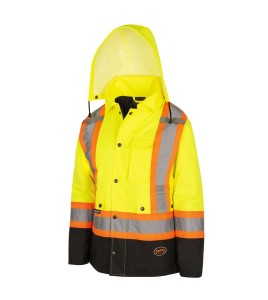 Winter women's yellow-black 100% waterproof polyester-polyurethane winter coat 7 in 1 with reflective stripes