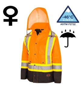 Manteau d'hiver orange-noir 100% imperméable 7-en-1 polyester enduit de polyuréthane, 7 en 1 haute visibilité pour femme