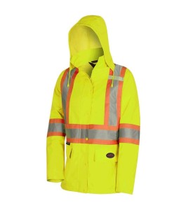 Women's high-visibility yellow waterproof jacket, Pioneer model 5628W, reflective tape, sizes XS to 4XL