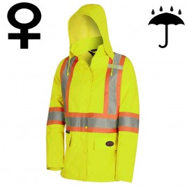 Women's high-visibility yellow waterproof jacket, Pioneer model 5628W, reflective tape, sizes XS to 4XL