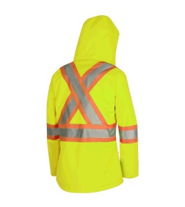 Women's high-visibility yellow waterproof jacket, Pioneer model 5628W, reflective tape, sizes XS to 4XL