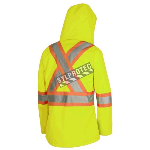 Women&#039;s high-visibility yellow waterproof jacket, Pioneer model 5628W, reflective tape, sizes XS to 4XL