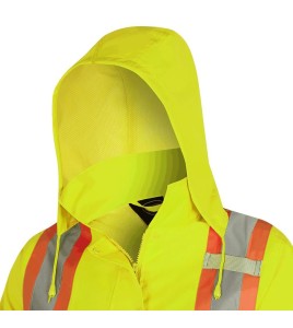 Women's high-visibility yellow waterproof jacket, Pioneer model 5628W, reflective tape, sizes XS to 4XL