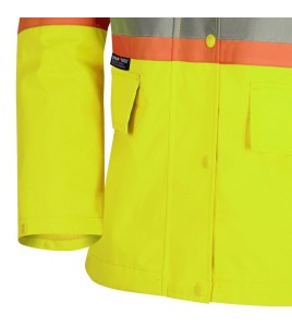 Women's high-visibility yellow waterproof jacket, Pioneer model 5628W, reflective tape, sizes XS to 4XL