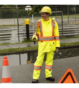 Women's high-visibility yellow waterproof jacket, Pioneer model 5628W, reflective tape, sizes XS to 4XL