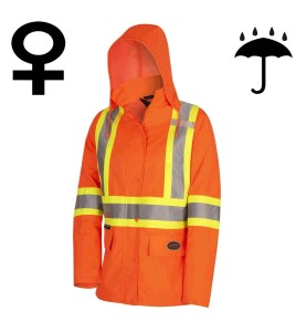 Women's high-visibility orange waterproof jacket, Pioneer model 5626W, reflective tape, sizes XS to 4XL