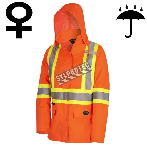 Manteau imperméable pour femme de couleur orange haute visibilité, Pioneer modèle 5626W, bande réfléchissante, grandeur XS à 4XL