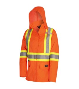 Women's high-visibility orange waterproof jacket, Pioneer model 5626W, reflective tape, sizes XS to 4XL